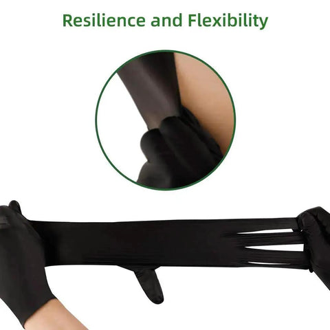 Stretching Black Nitrile Latex Free Gloves Pack 100 Textured Fingertips For Food Handling, demonstrating flexibility and resilience