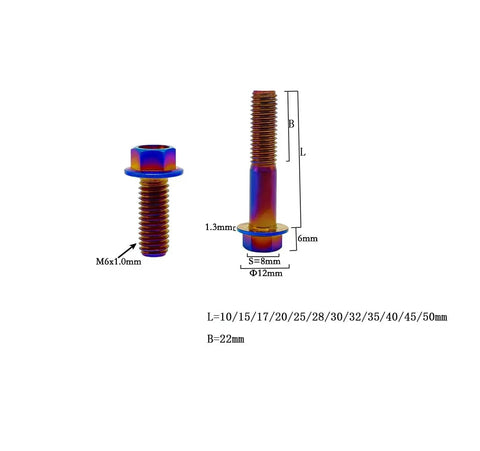Titanium Flange Hex Head Bolts M6x1.0x13mm Burnt Blue 6AL4V Aerospace Grade Ti Bolts Pack Of 12 For Motorcycle And Car Modification