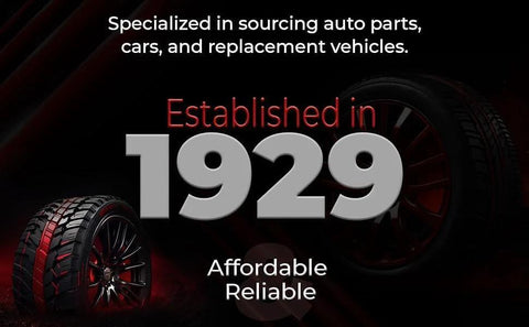 Image of two car tires with text 'Established in 1929', highlighting auto parts specialization.