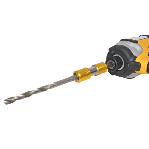 Socket sleeve adapters with hex connectors and gold-tone double-headed bit extension rod on a cordless drill.