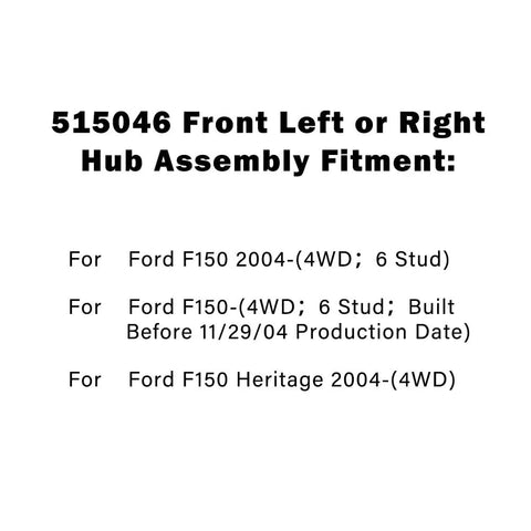 Text showing fitment details for Front Wheel Bearing Hub Assembly For 2004 2005 Ford F150 Four Wheel Drive 6 Lug ABS Cable.