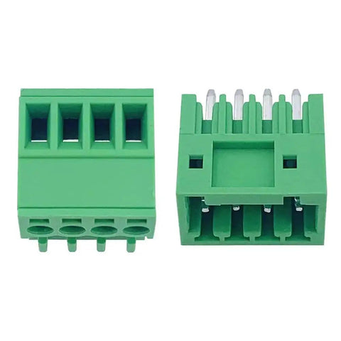 4 Pin Screw Terminal Block Connector With 2.54mm Pitch For PCB Mount, 125V 4A Rating, front and back view, green plastic housing