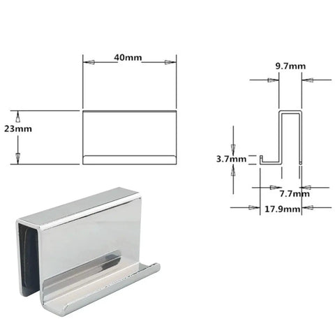 Glass Door Clip On Handles 4 Pack Stainless Steel Cabinet Pulls 1.6 Inches Long 0.75 Inches Wide, product dimensions and design