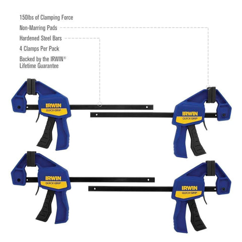 One Handed Mini Bar Clamps Set 4 Pack 6 Inch Quick Grip With Non Marring Pads For Woodworking And Projects Built Tough With Resin Body And Hardened Steel Bars 140 Lbs Holding Power Blue By IRWIN front view