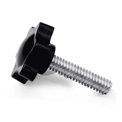 Side view of black Plastic Star Knob Set For Quarter Twenty Thread 10 Pieces Umbrella Base Clamp showing iron threaded screw.