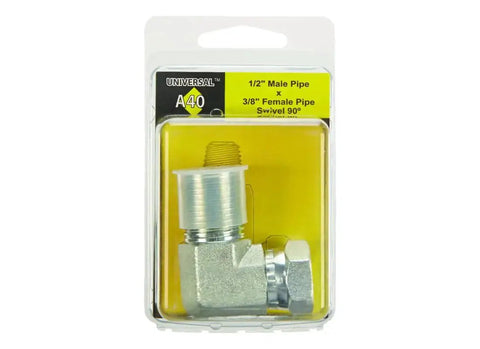 One Half Inch Male Pipe To Three Eighth Inch Female Pipe Swivel 90 Degree Hydraulic Adapter in packaging, durable steel, model 39005150