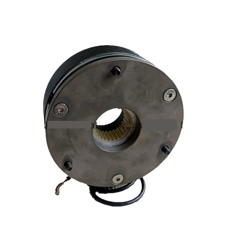 Electromagnetic brake for servo motor; round dark housing with brass splined central bore and visible wiring.