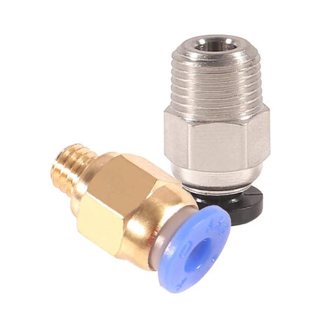 Two PC4-M6 push-to-connect fittings and PC4-M10 straight quick-in fitting for Bowden extruder; brass and silver metal.
