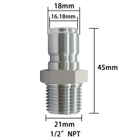 Stainless steel male quick-disconnect NPT 1/2in sanitary fitting with hex nut, 21 mm thread diameter
