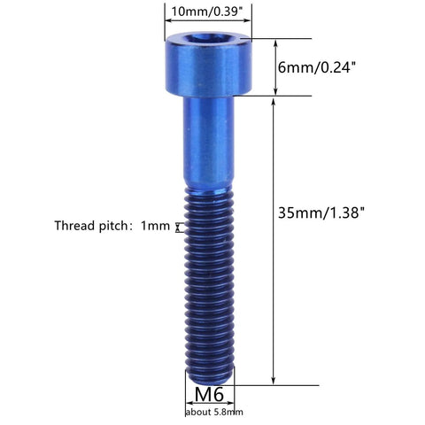 4 Pack Titanium M6x35mm Allen Hex Bolts Blue Color 6Al4V Grade 5 Ti Screws 1mm Pitch, 5.5g Each, side view with dimensions