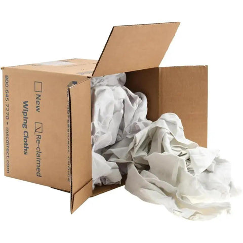 Open box of Reclaimed White Cotton T Shirt Rags For Shop Use Prewashed And Sanitized Low Lint Soft And Absorbent Rag Cloths