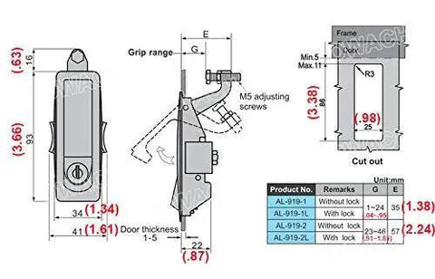 Technical diagram of 2 Pack Compression Latches Adjustable Grip 0.04 To 0.95 In Compatible C2-32-25 showing dimensions