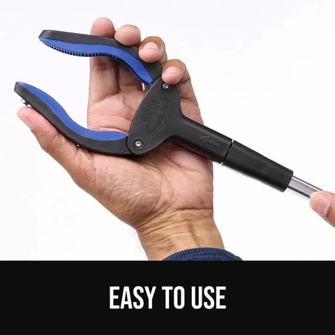 Hand holding Ergonomic Rubber Lined Claw Reacher Tool For Seniors With No Slip Grip 360 Degree Rotating Head Foldable Trash Picker