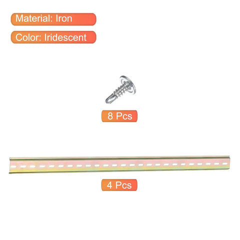 DIN Rail Slotted Iron Mounting Guide For Electrical Equipment 20 Inch By 1.4 Inch By 0.28 Inch Iridescent Finish 4 Pack with screws