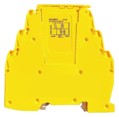 Surge Protection Device SD32MXX for Control Signal Line Guard, yellow industrial surge protector front view.