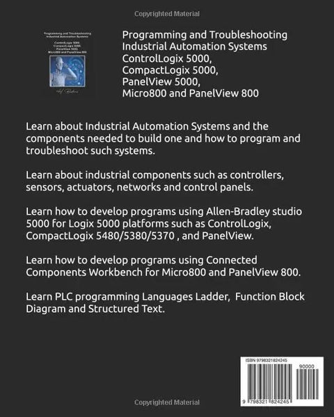 Back cover of book Programming and Troubleshooting Industrial Automation Systems, dark gray with white text and barcode.