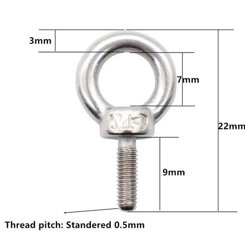 Front view of Stainless Steel M3 Shoulder Eye Bolts Pack With Ring 0.5 Mm Pitch 7 Mm Inner Diameter 13.5 Mm Outer Diameter 22 Mm Total Length