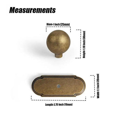 Antique Brass Cabinet Knob With Backplate Set, 24mm Diameter Zinc Alloy Hardware, measurements of knob and backplate
