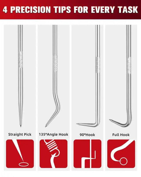 Pro Grade Hook and Pick Set For Automotive Repair With Four Angled Tips Including Straight 45 Degree 90 Degree And 135 Degree