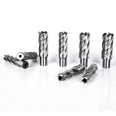 Heavy Duty Annular Cutter Set For Magnetic Drill Press With Two Inch Cutting Depth And Diameters From Seven Sixteenth To One And One Sixteenth Inches, Three Quarter Inch Weldon Shank, Includes Two Pilot Pins Oscarbide Thirteen Piece Kit displayed on white background.