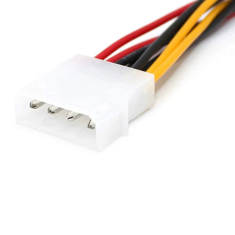 Close-up of 4-pin Molex male connector from Two Pack 4 Pin Power Supply Y Splitter Cable Kit Internal Extension Cable 2 Female To 1 Male Connectors 20 Cm Length Ideal For IDE Hard Drives And CD DVD Drives