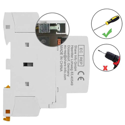 Back view of 25 Amp Two Pole AC Contactor With 110V 120V Coil, 2NO, Universal DIN Rail Mount, with screwdriver instruction icon