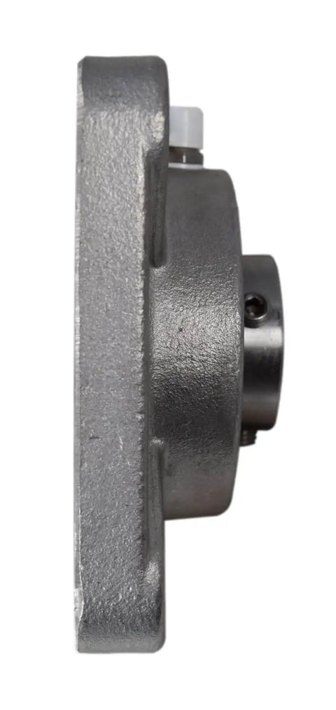 Side view of 1 Inch Stainless Steel Four Bolt Flange Bearing With Grease Zerk, Wide Inner Ring, Two Set Screws, 70mm Bolt Hole Span