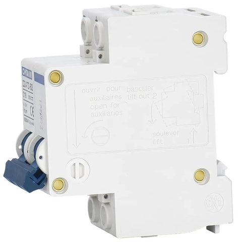 Side view of a DC Miniature Circuit Breaker 2 Pole 1000V 63A Isolator for Solar PV System with blue mounting lever.