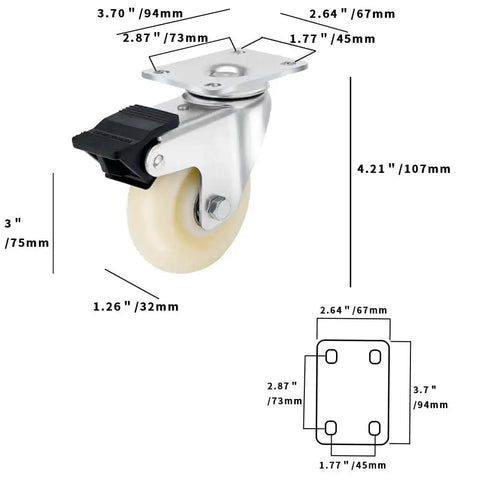 Image of a 3 Inch Heavy Duty Caster from the caster set of 4 with dual locking nylon wheels and top plate dimensions.