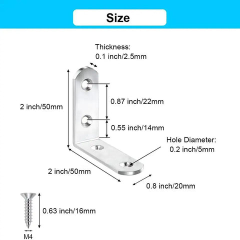 Diagram of 8 Pack L Bracket Corner Braces 2 Inch Stainless Steel Heavy Duty Shelf Bracket dimensions and thickness.