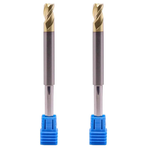 High Performance Two Piece Three Flute Thirty Seven Degree Helix Solid Carbide End Mills For Aluminum With Five Sixteenths Diameter And Quarter Inch Reduced Shank For Router ZRN Coated Half Inch Length Of Cut And Three And Three Quarters Inch Overall
