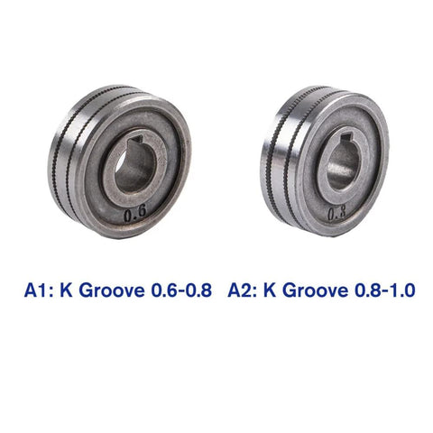 Two metal MIG/MAG welding wire feed rollers with knurl K-grooves for 0.6–0.8 mm and 0.8–1.0 mm wire