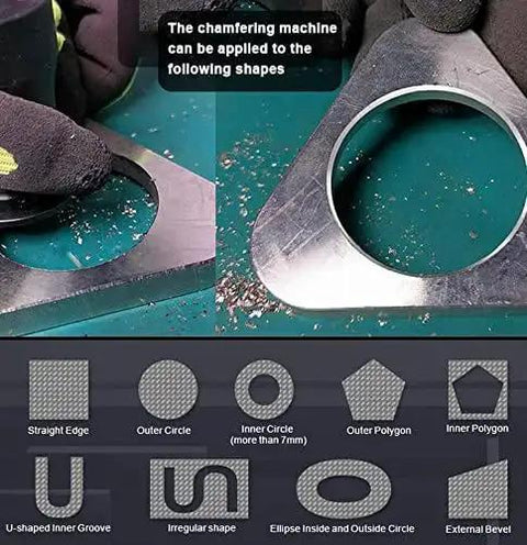 Image showing Compact Mini Pneumatic Chamfering Tool with Replaceable Blades working on metal shapes for deburring, diagram below.