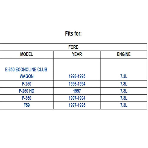 Compatibility chart for 7.3L Powerstroke Fuel Lift Kit with Filter, Pump, Hose Lines and Washers for Ford models and years listed.