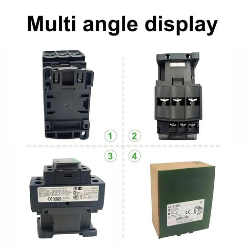Multi-angle view of Non Reversing 3 Pole Contactor, 25A, 120VAC Coil, with packaging and auxiliary contacts.
