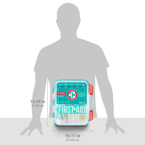 Teal 326 Piece First Aid Kit For 100 People From The Leading US Manufacturer Exceeds OSHA And ANSI Guidelines shown with size comparison