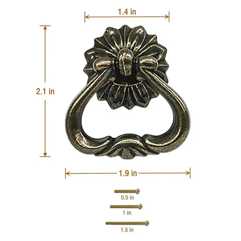 Antique Brass Cabinet Pulls 4 Pack Ring Pulls For Dresser Drawers with size measurements and screws shown
