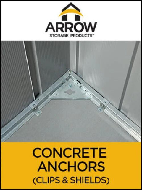Concrete Anchor Kit AK100 for shed foundations with metal clips and shields installed on a corner of a concrete slab.