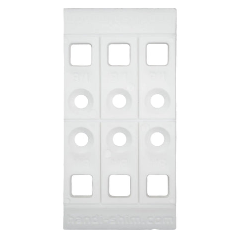 Heavy Duty Reusable Plastic Construction Shims For Spacing And Leveling Great For DIY Projects And Plumbing 40 Piece Pack One Eighth Inch White Handi Shim, front view showing multiple slots.