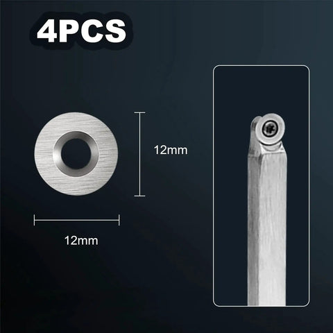 Close-up of 4pcs 12mm round carbide lathe tool inserts set for wood turning by Diraeen, featuring solid tungsten steel replacement screws
