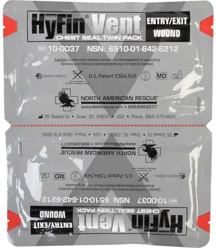 Packaging of Twin Pack HyFin Vent Chest Seal for Trauma and Wound Care with three channel pressure relief vents visible.