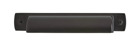 Front view of Rochdale Matte Black Cup Pull 3-3/4 Inch Center To Center, durable zinc cabinet drawer pull, includes mounting hardware.