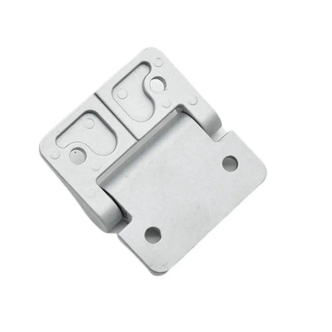 Silver damping cabinet hinge; side view with mounting plate and holes