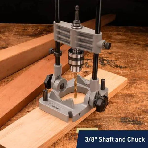 Portable Drill Guide Jig converts your hand drill into a portable drill press for woodworking, drilling straight holes with a 3/8 inch shaft and chuck.