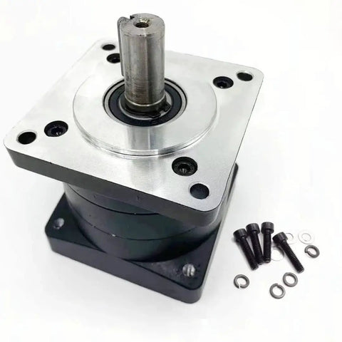 3 To 1 Planetary Gearbox For Nema 34 Stepper Motors, One Half Inch Input Shaft, Sixteen Millimeter Output Shaft, Eighty Six Millimeter Flange Mount, Low Backlash High Torque Speed Reducer, Ideal For Eighty Six Millimeter Flange Stepper Motors, Rated 300 - shown with mounting screws