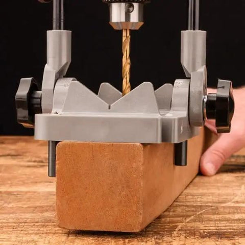 Portable Drill Guide Jig Converts Your Hand Drill Into A Portable Drill Press For Woodworking, Drilling Straight Holes From 0 To 45 Degrees With A 3/8 Inch Shaft And Chuck, 5 Degree Increments Installed on Wood Block