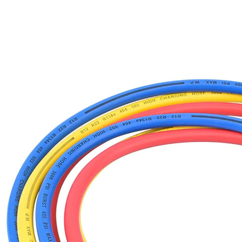 Uenede 3pc refrigerant charging hoses, 60in length, 1/4 in thread, blue yellow red color coding for R12 R22 R134A HVAC