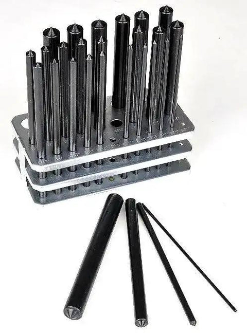 28 Piece Transfer Punch Set For Precise Hole Layout And Transfer, Ranging From 3/32 To 1/2 Inch By 64ths And 17/32 Inch, shown with stand