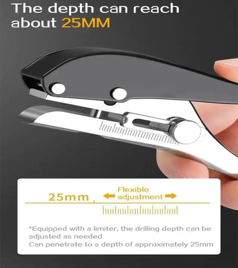 Close-up of Heavy Duty Round Hole Punch One Quarter Inch 6mm Handheld Paper Punch showing 25mm depth adjustment with ergonomic handle.