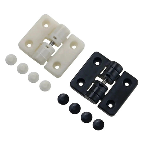 Two resin positioning torque hinges (white and black) with mounting plates and small caps